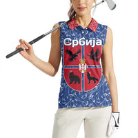 Serbia Women Sleeveless Polo Shirt with Royal Animal Crest and Tulip Floral Blue Background