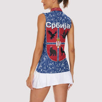 Serbia Women Sleeveless Polo Shirt with Royal Animal Crest and Tulip Floral Blue Background