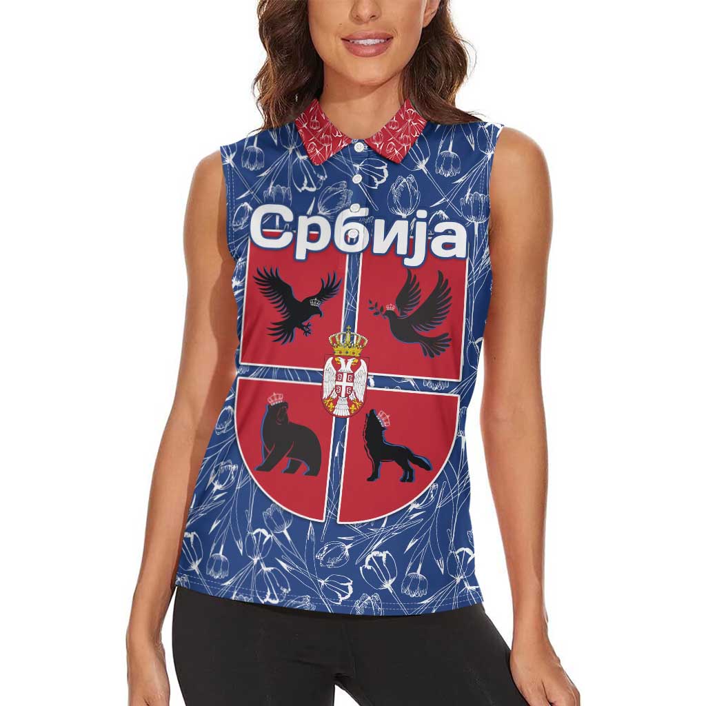 Serbia Women Sleeveless Polo Shirt with Royal Animal Crest and Tulip Floral Blue Background