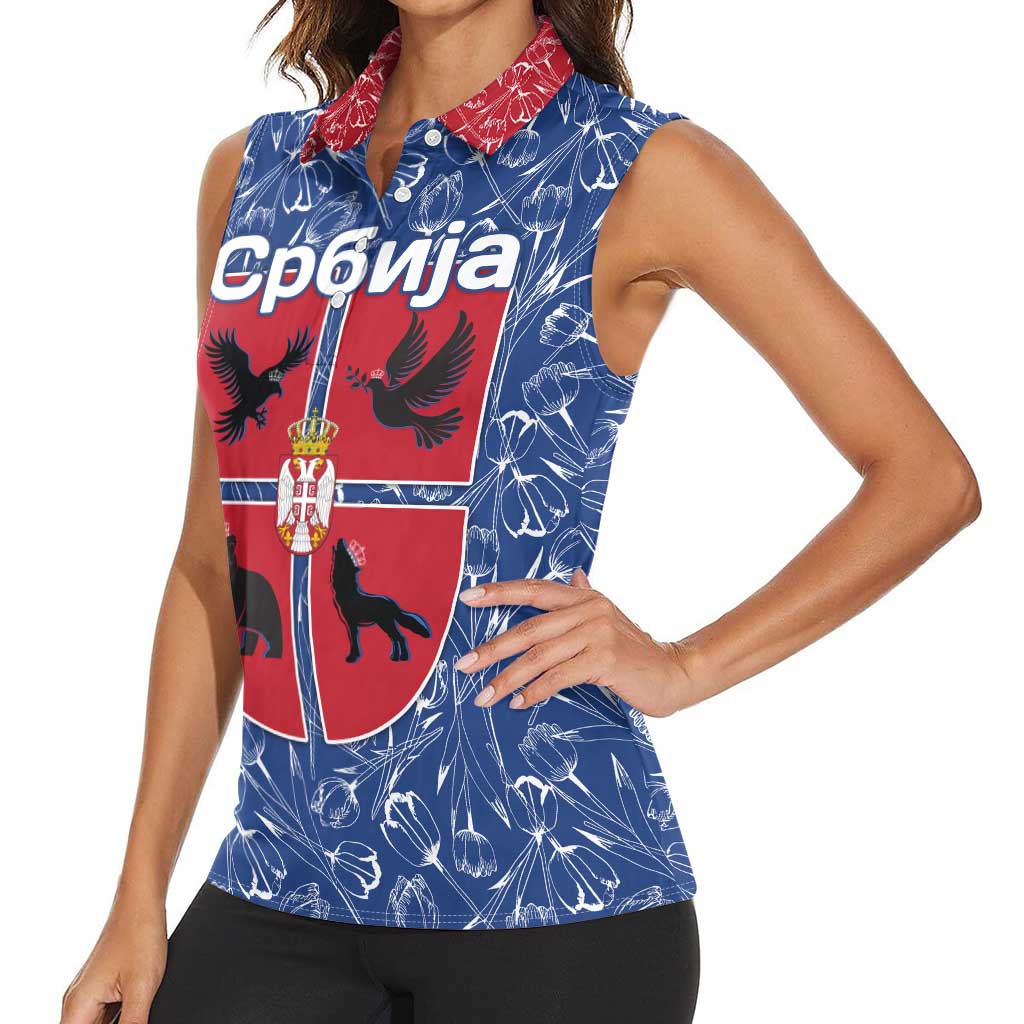 Serbia Women Sleeveless Polo Shirt with Royal Animal Crest and Tulip Floral Blue Background
