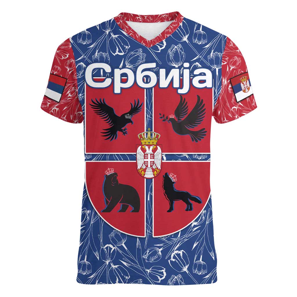 Serbia Women V-Neck T-Shirt with Royal Animal Crest and Tulip Floral Blue Background