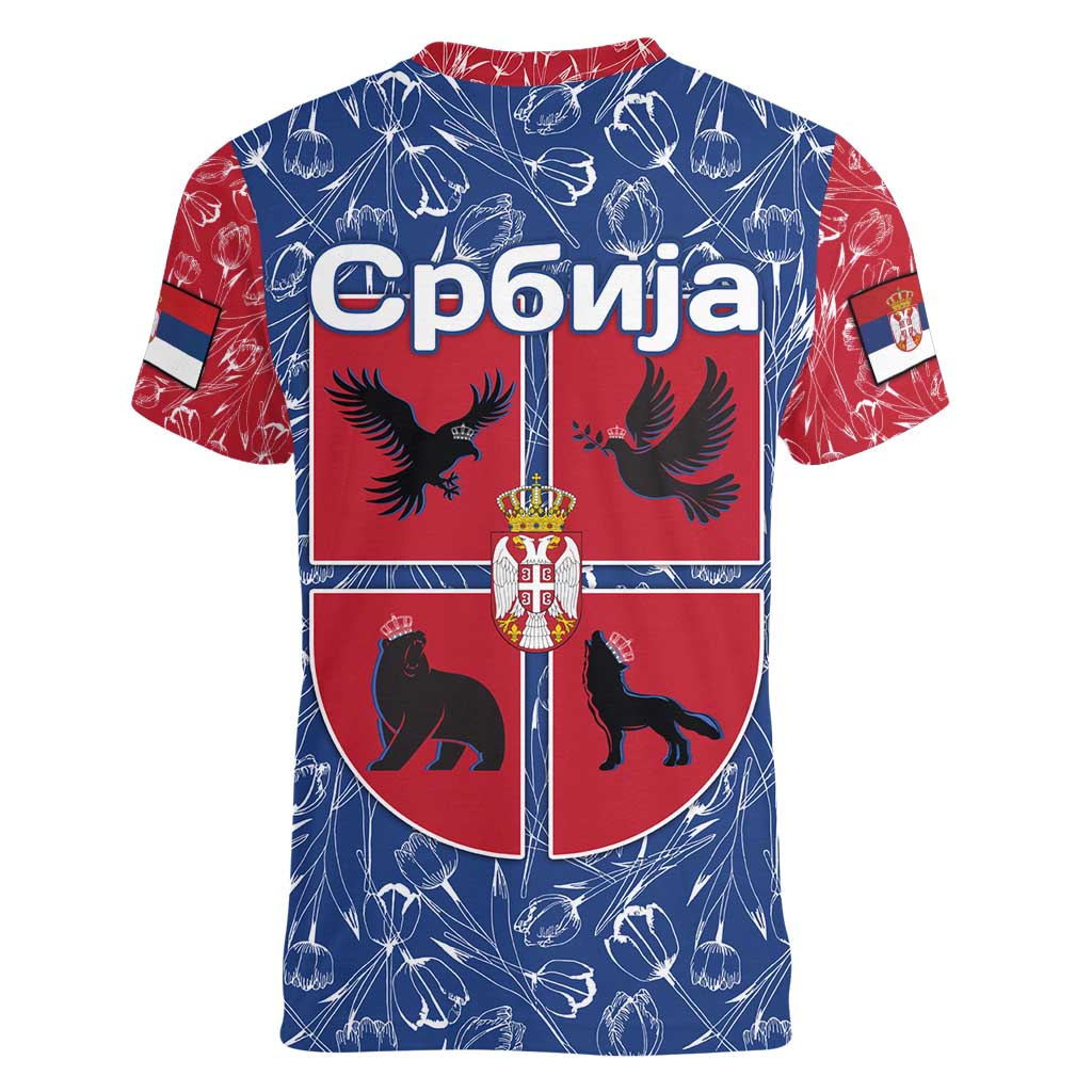 Serbia Women V-Neck T-Shirt with Royal Animal Crest and Tulip Floral Blue Background