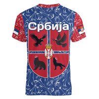 Serbia Women V-Neck T-Shirt with Royal Animal Crest and Tulip Floral Blue Background