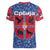 Serbia Women V-Neck T-Shirt with Royal Animal Crest and Tulip Floral Blue Background