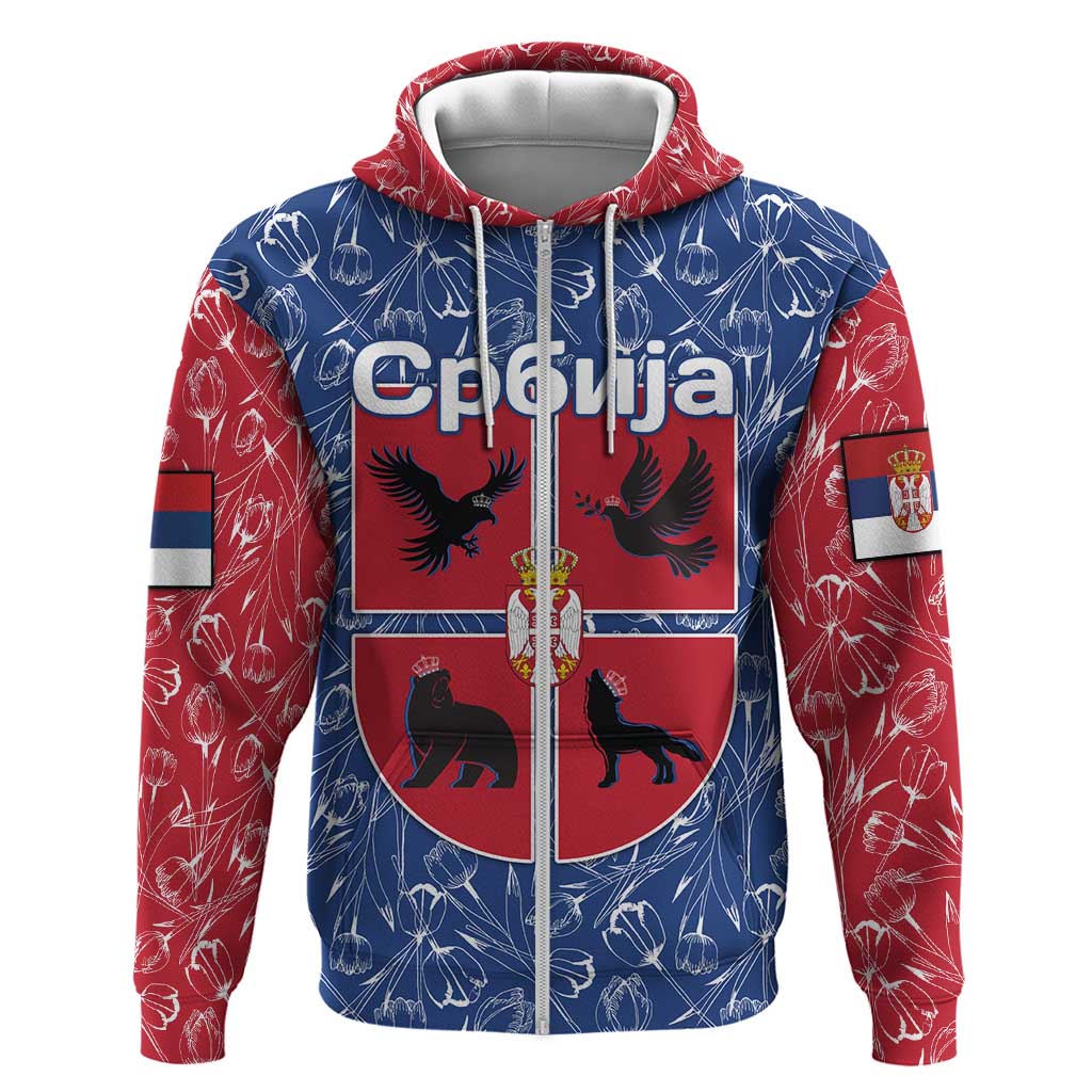 Serbia Zip Hoodie with Royal Animal Crest and Tulip Floral Blue Background
