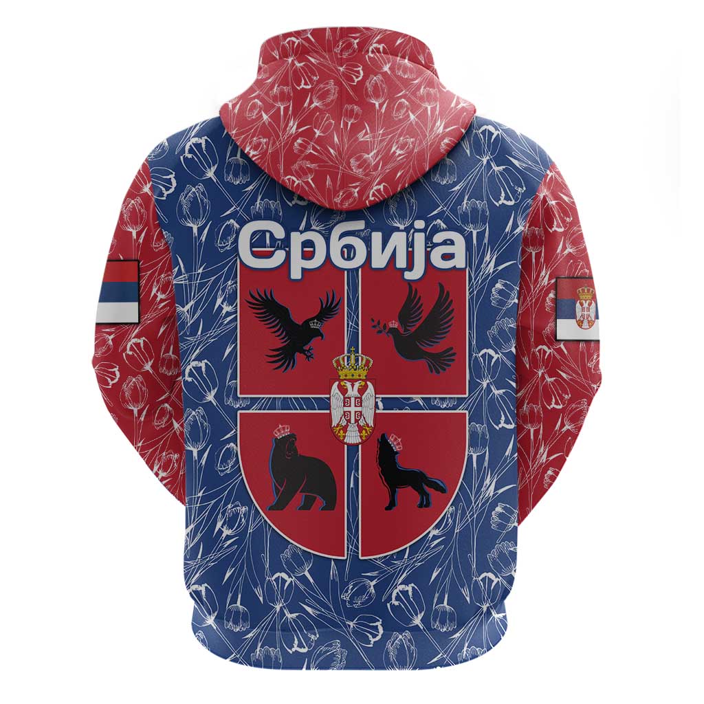 Serbia Zip Hoodie with Royal Animal Crest and Tulip Floral Blue Background