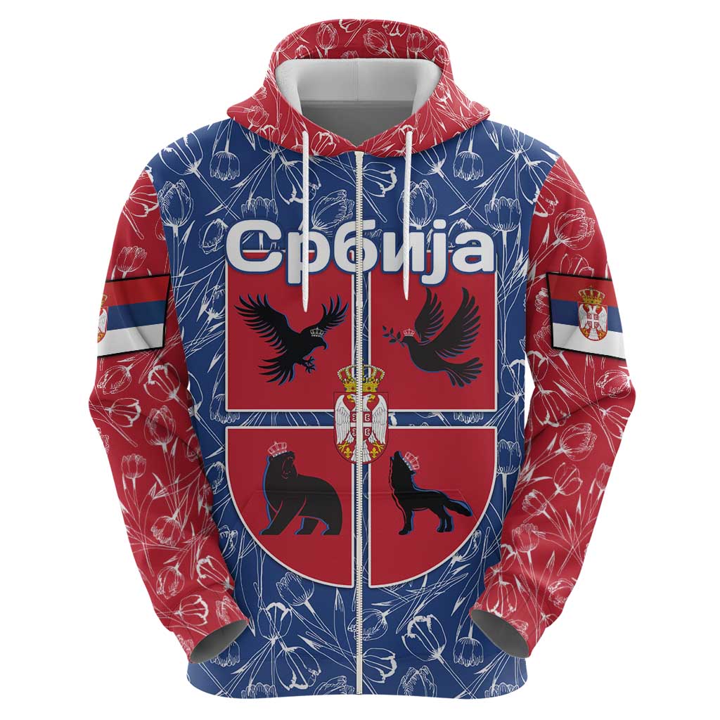 Serbia Zip Hoodie with Royal Animal Crest and Tulip Floral Blue Background