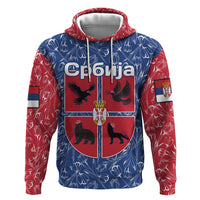Serbia Zip Hoodie with Royal Animal Crest and Tulip Floral Blue Background