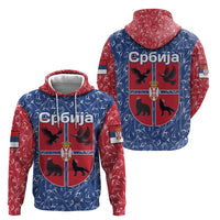 Serbia Zip Hoodie with Royal Animal Crest and Tulip Floral Blue Background