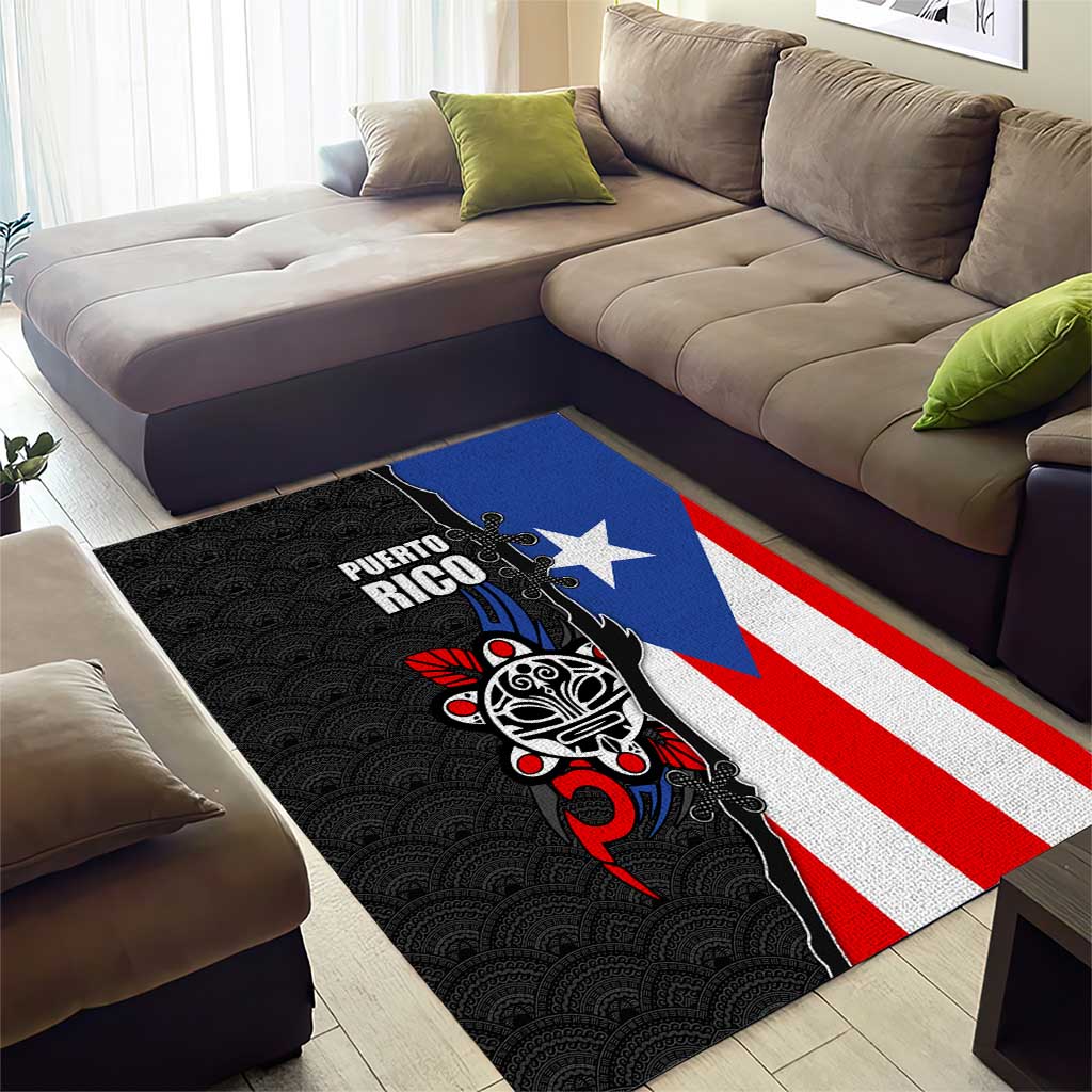 Puerto Rico Area Rug with Tribal Sun Symbol and Flag Color Block Design