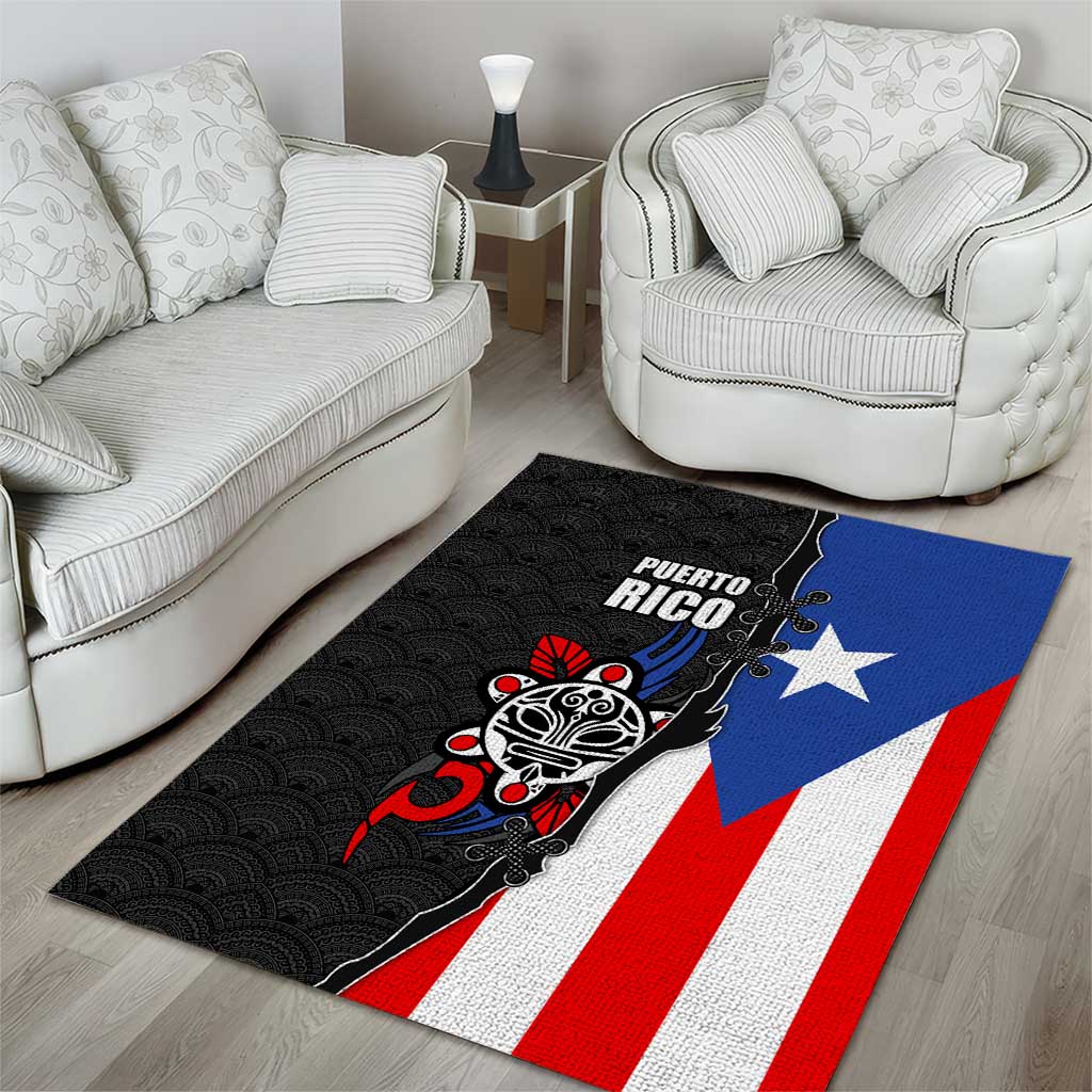 Puerto Rico Area Rug with Tribal Sun Symbol and Flag Color Block Design