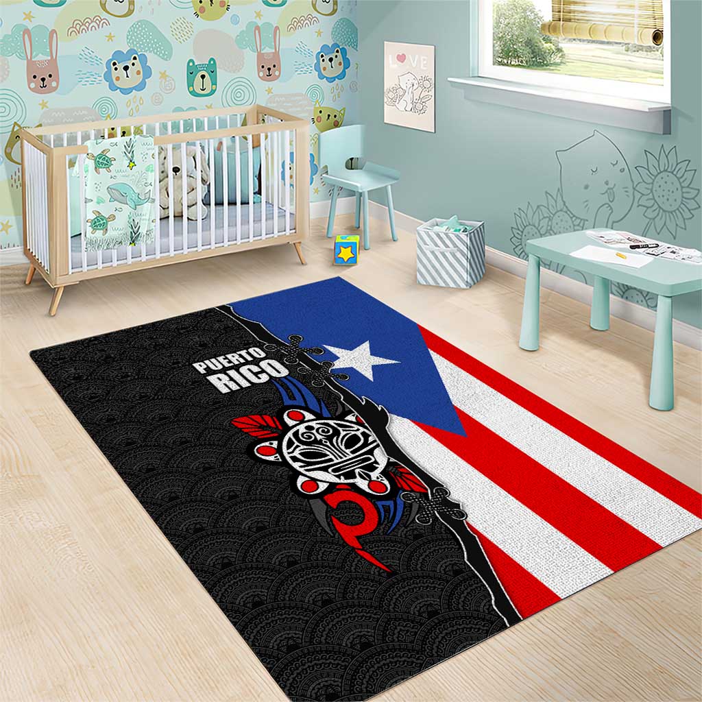 Puerto Rico Area Rug with Tribal Sun Symbol and Flag Color Block Design