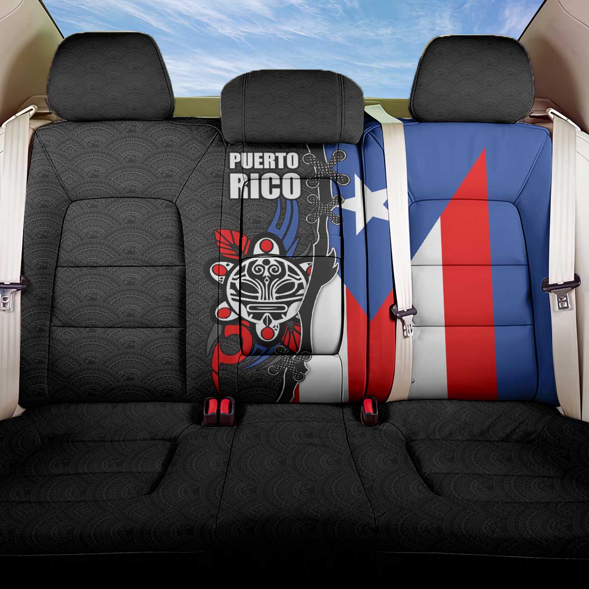 Puerto Rico Back Car Seat Cover with Tribal Sun Symbol and Flag Color Block Design