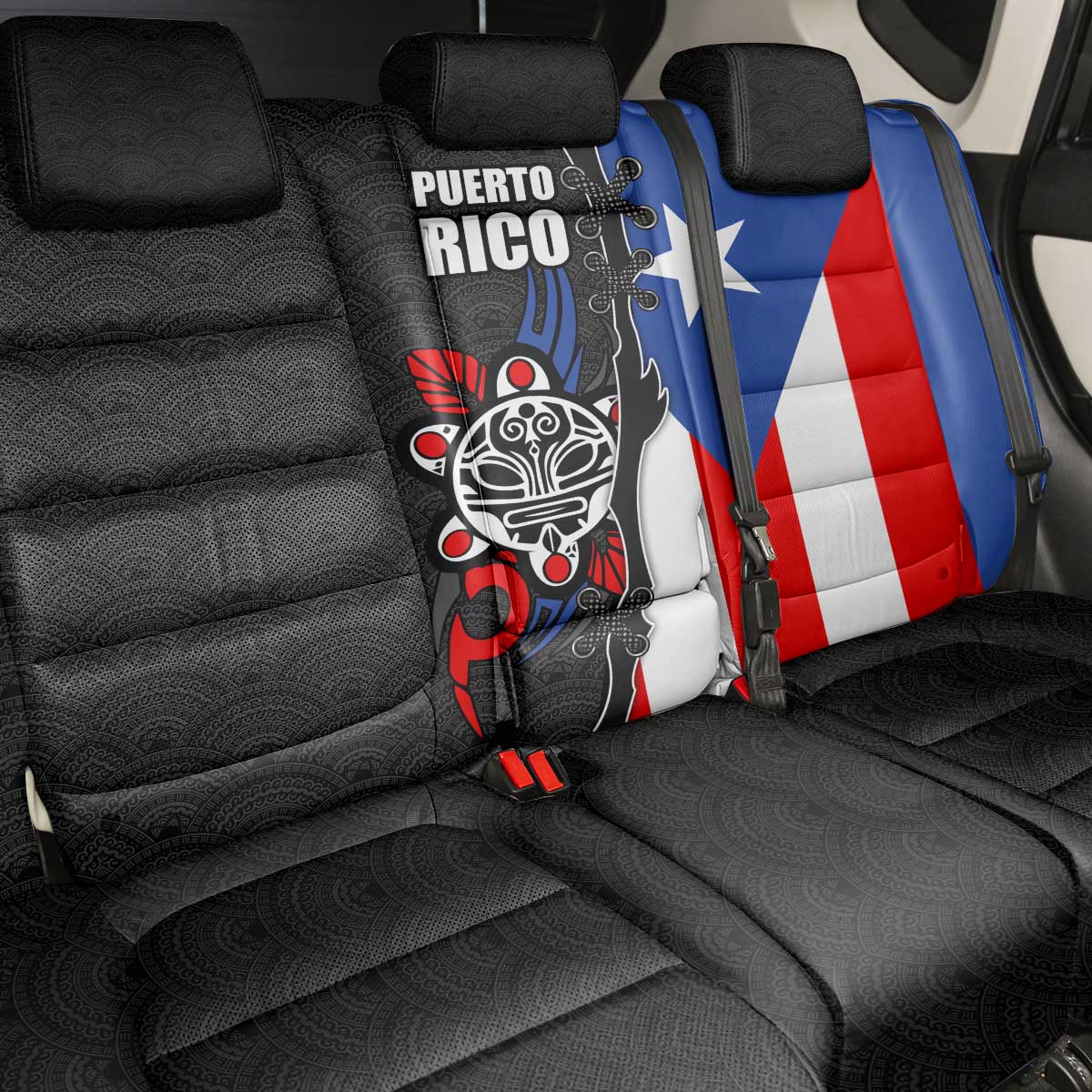 Puerto Rico Back Car Seat Cover with Tribal Sun Symbol and Flag Color Block Design