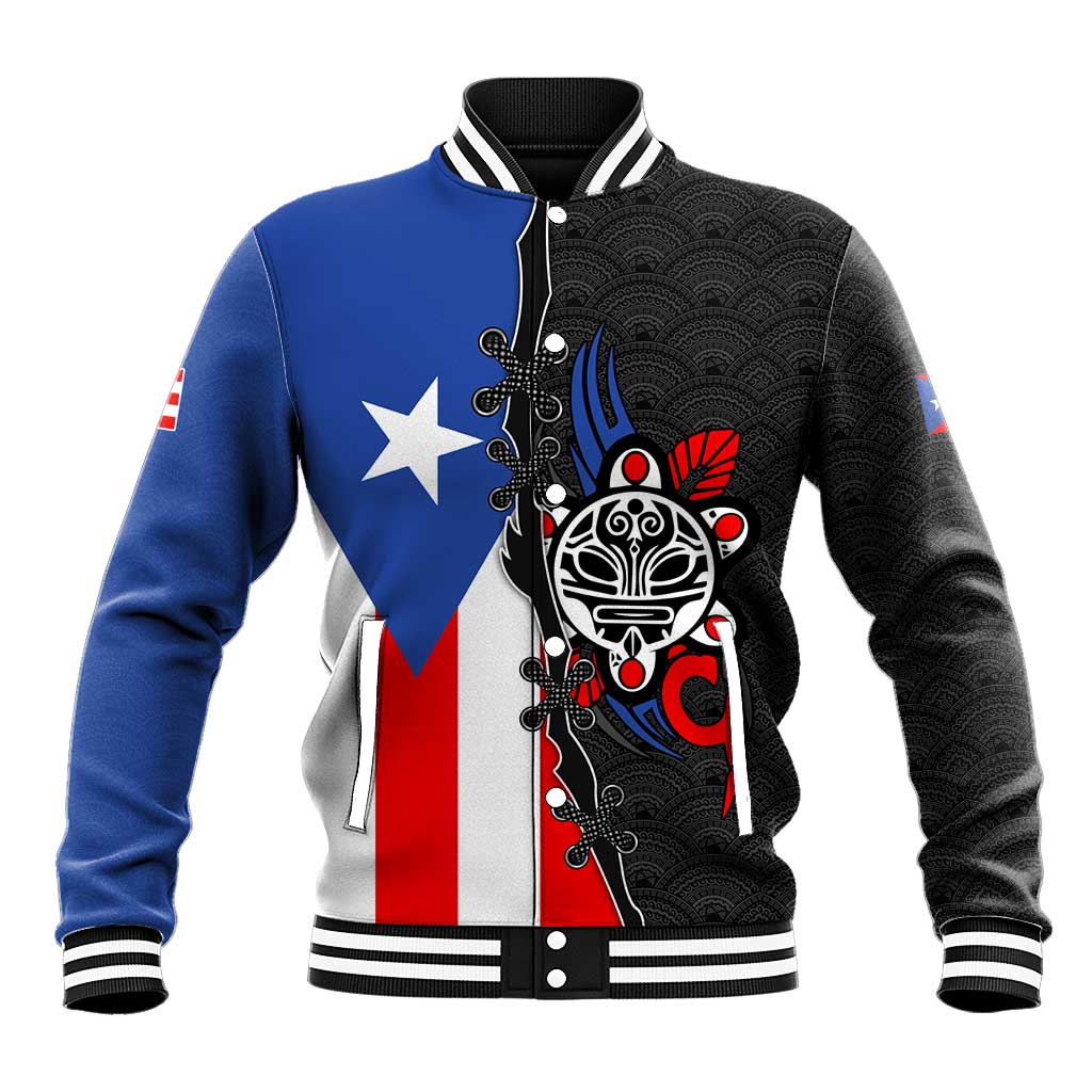 Puerto Rico Baseball Jacket with Tribal Sun Symbol and Flag Color Block Design