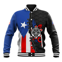 Puerto Rico Baseball Jacket with Tribal Sun Symbol and Flag Color Block Design