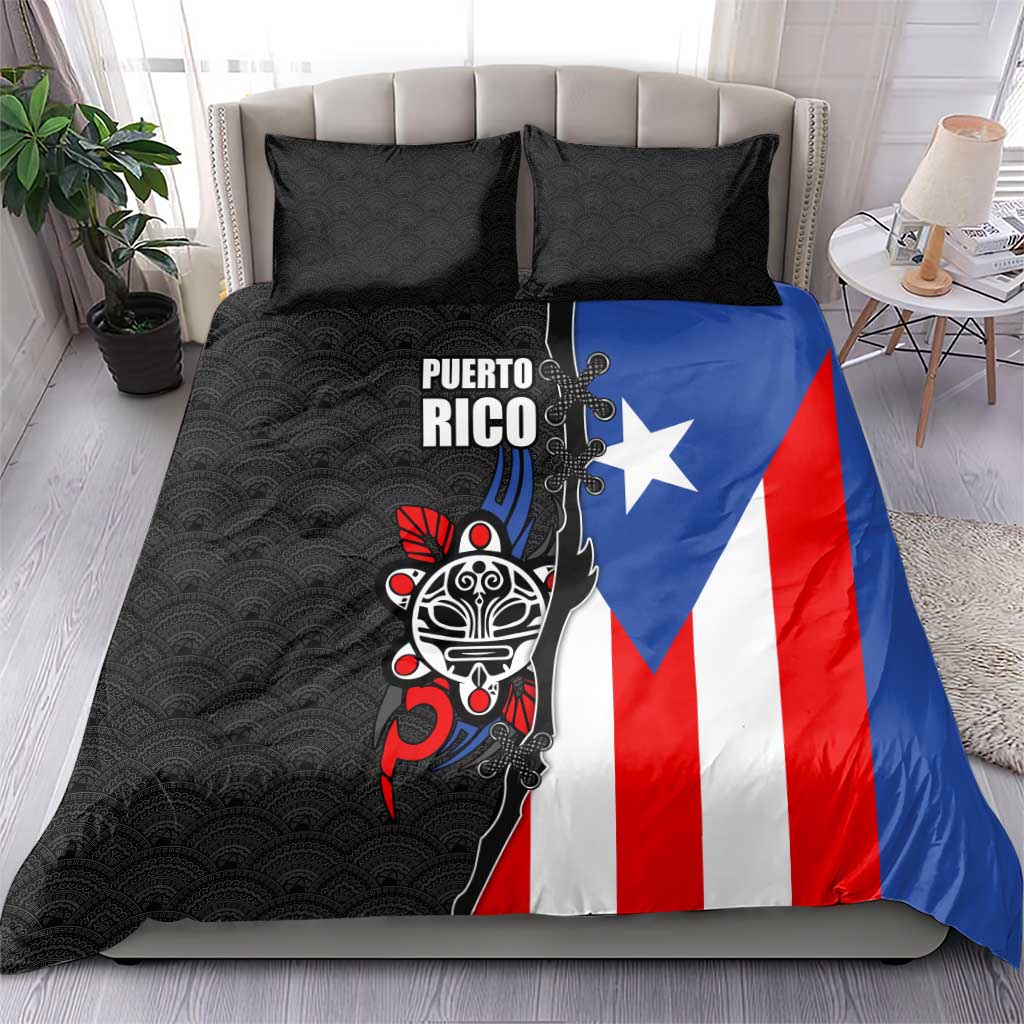 Puerto Rico Bedding Set with Tribal Sun Symbol and Flag Color Block Design