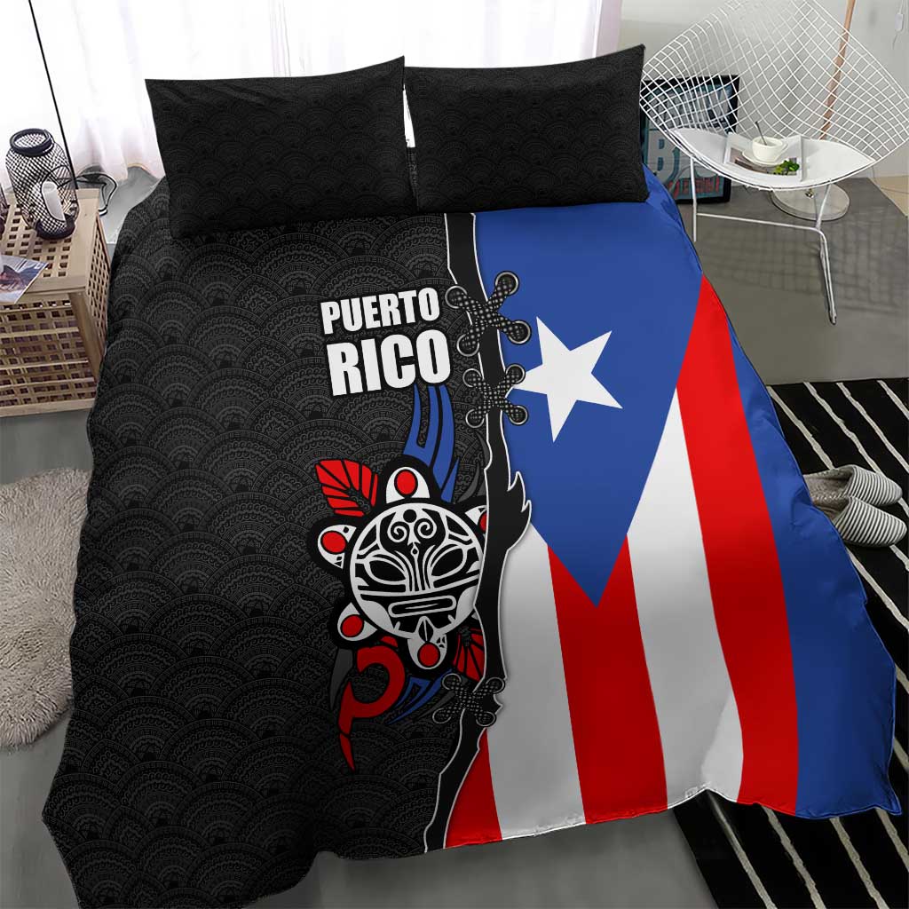 Puerto Rico Bedding Set with Tribal Sun Symbol and Flag Color Block Design