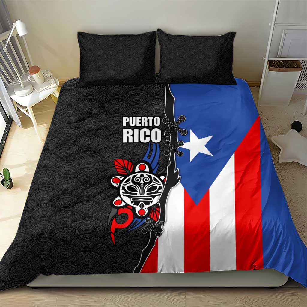Puerto Rico Bedding Set with Tribal Sun Symbol and Flag Color Block Design