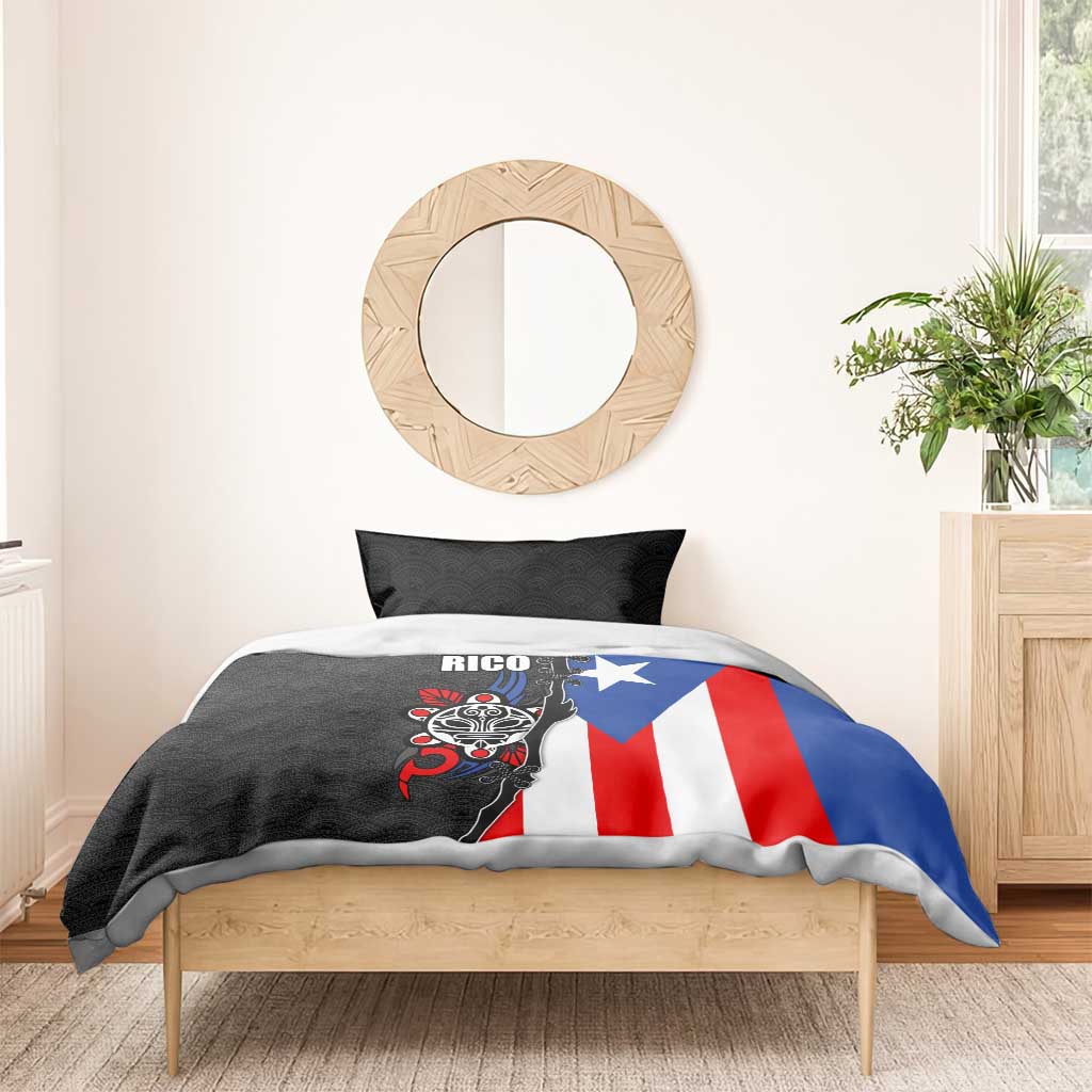 Puerto Rico Bedding Set with Tribal Sun Symbol and Flag Color Block Design
