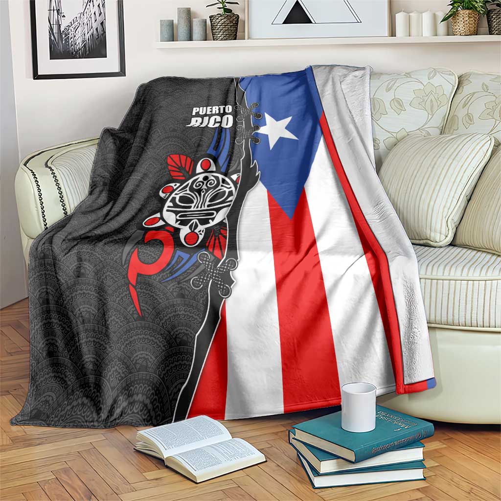 Puerto Rico Blanket with Tribal Sun Symbol and Flag Color Block Design
