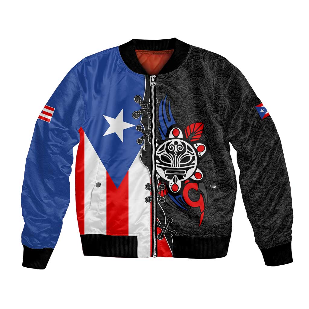 Puerto Rico Bomber Jacket with Tribal Sun Symbol and Flag Color Block Design