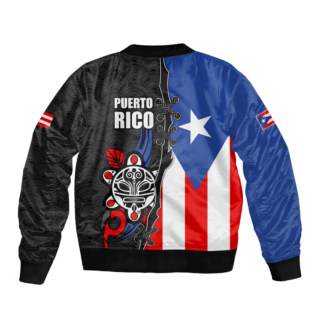 Puerto Rico Bomber Jacket with Tribal Sun Symbol and Flag Color Block Design