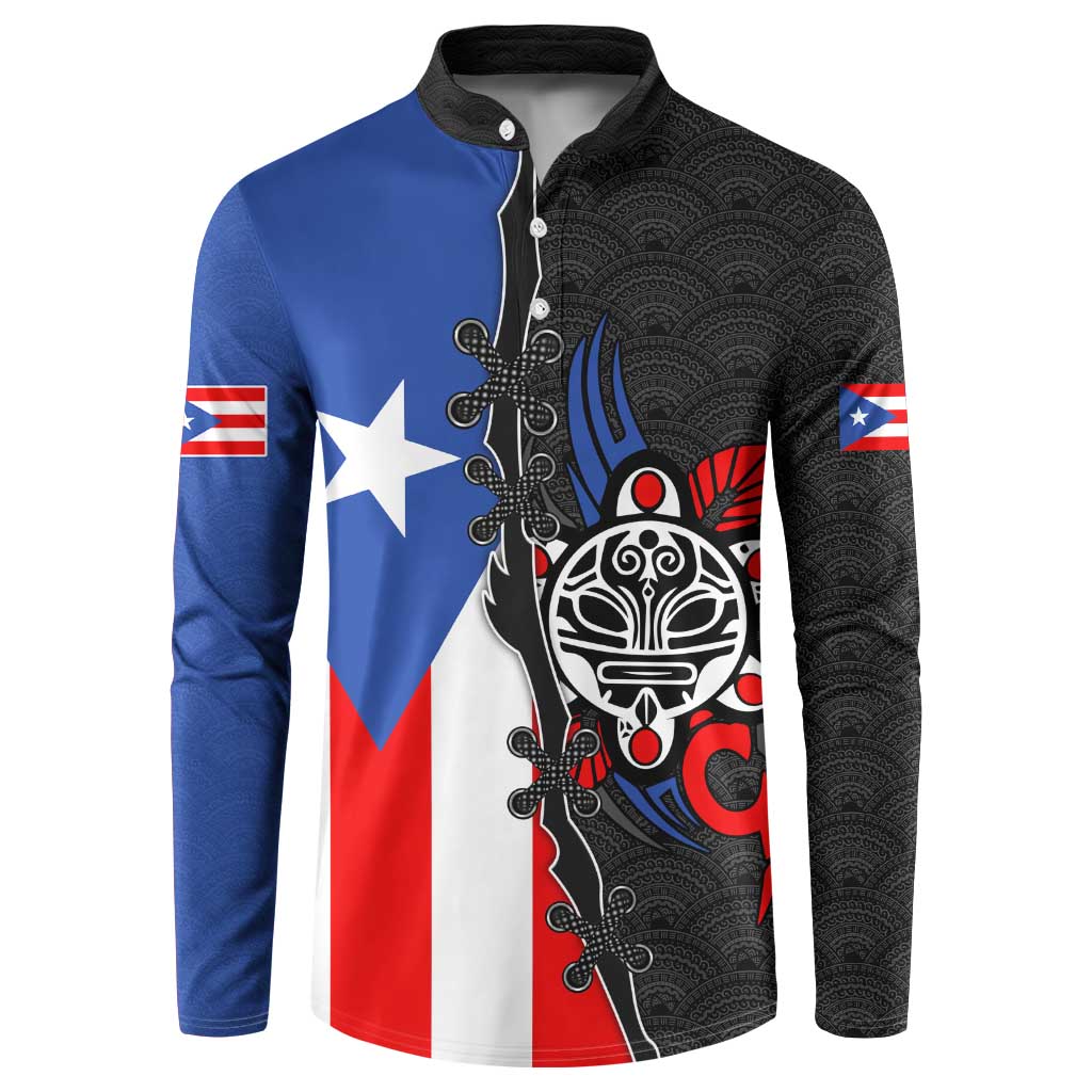 Puerto Rico Button Sweatshirt with Tribal Sun Symbol and Flag Color Block Design