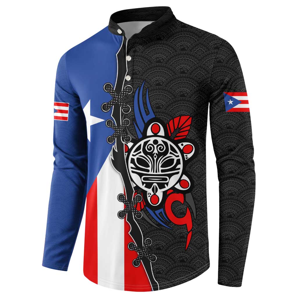 Puerto Rico Button Sweatshirt with Tribal Sun Symbol and Flag Color Block Design