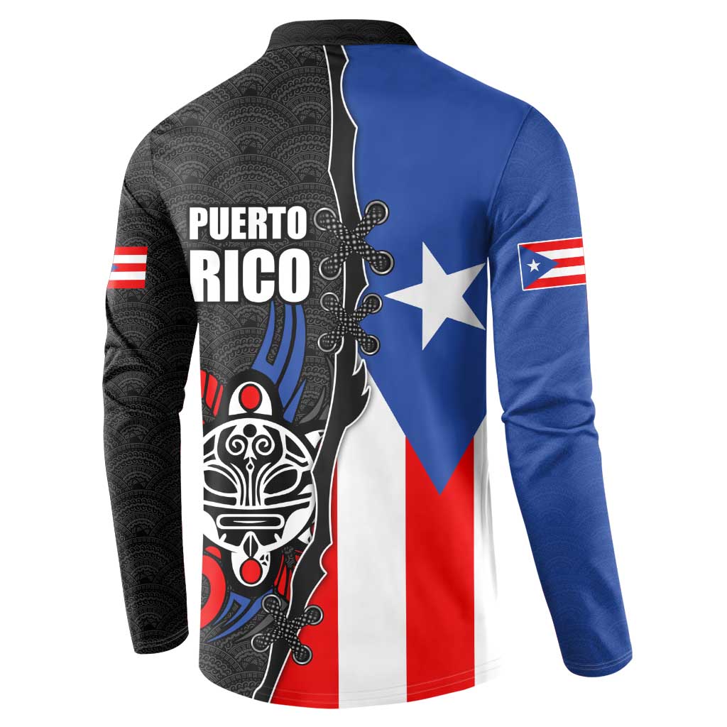 Puerto Rico Button Sweatshirt with Tribal Sun Symbol and Flag Color Block Design