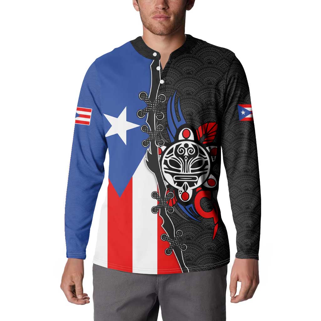 Puerto Rico Button Sweatshirt with Tribal Sun Symbol and Flag Color Block Design