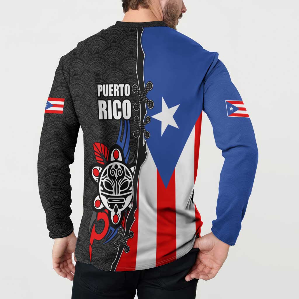 Puerto Rico Button Sweatshirt with Tribal Sun Symbol and Flag Color Block Design