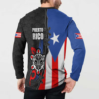 Puerto Rico Button Sweatshirt with Tribal Sun Symbol and Flag Color Block Design
