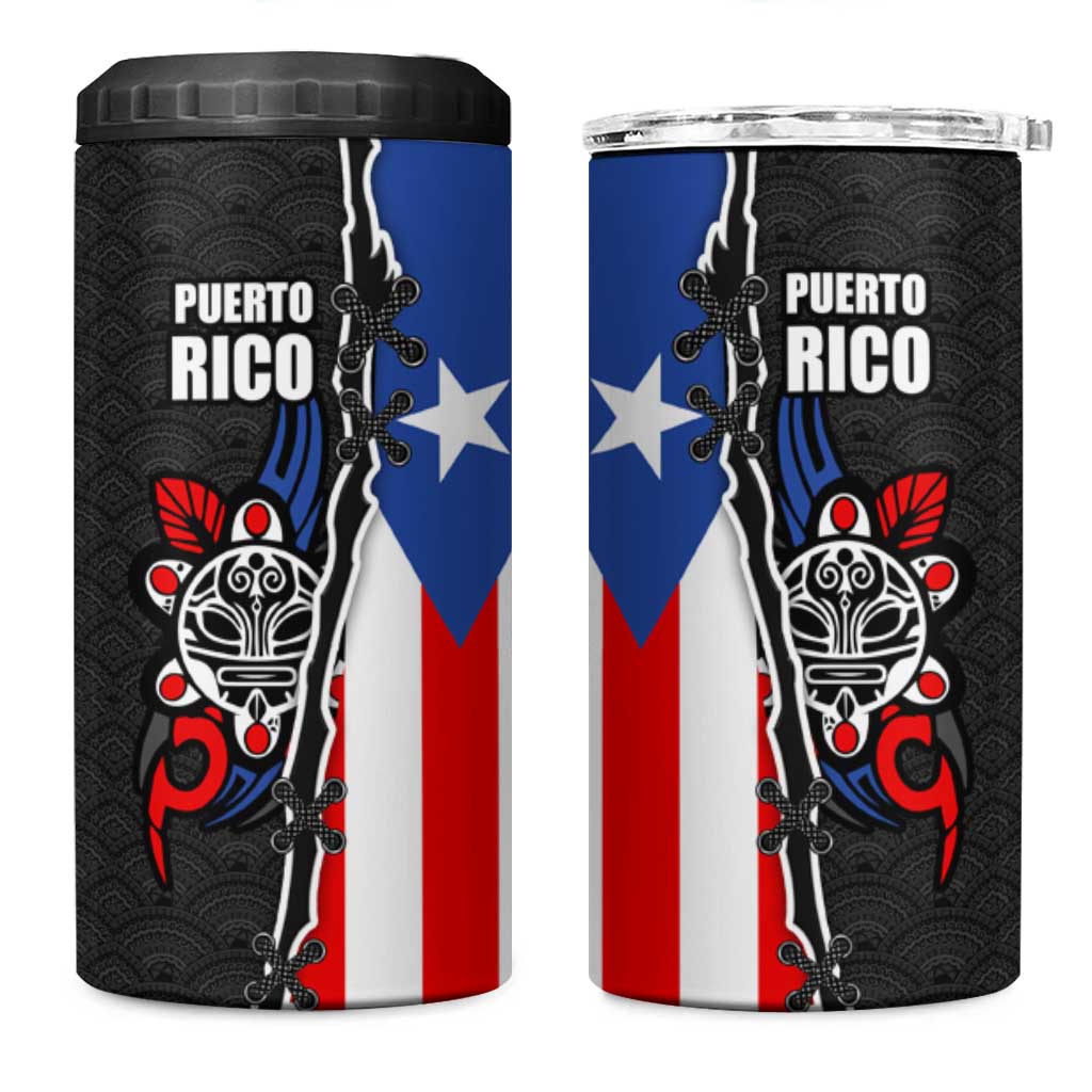 Puerto Rico 4 in 1 Can Cooler Tumbler with Tribal Sun Symbol and Flag Color Block Design