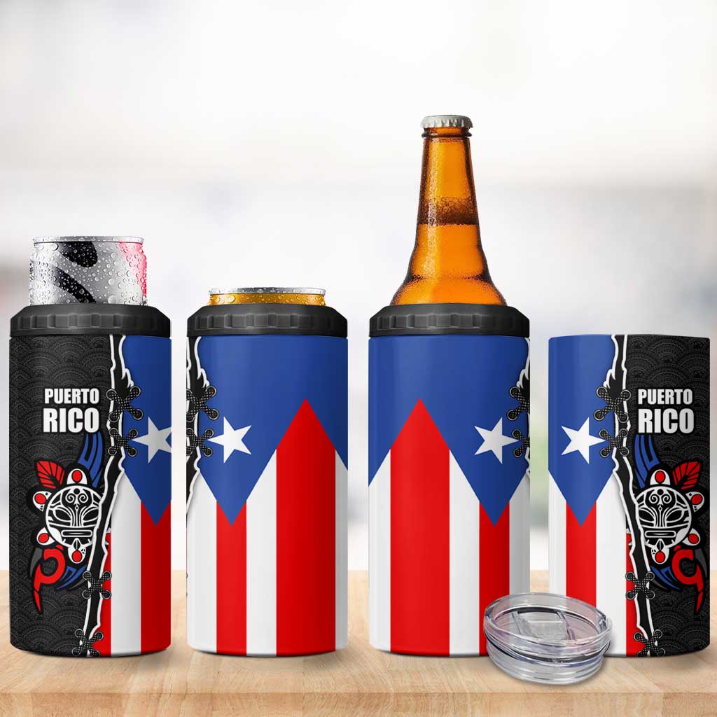 Puerto Rico 4 in 1 Can Cooler Tumbler with Tribal Sun Symbol and Flag Color Block Design