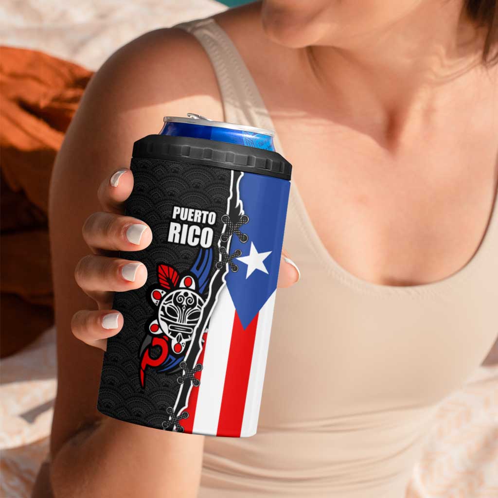 Puerto Rico 4 in 1 Can Cooler Tumbler with Tribal Sun Symbol and Flag Color Block Design