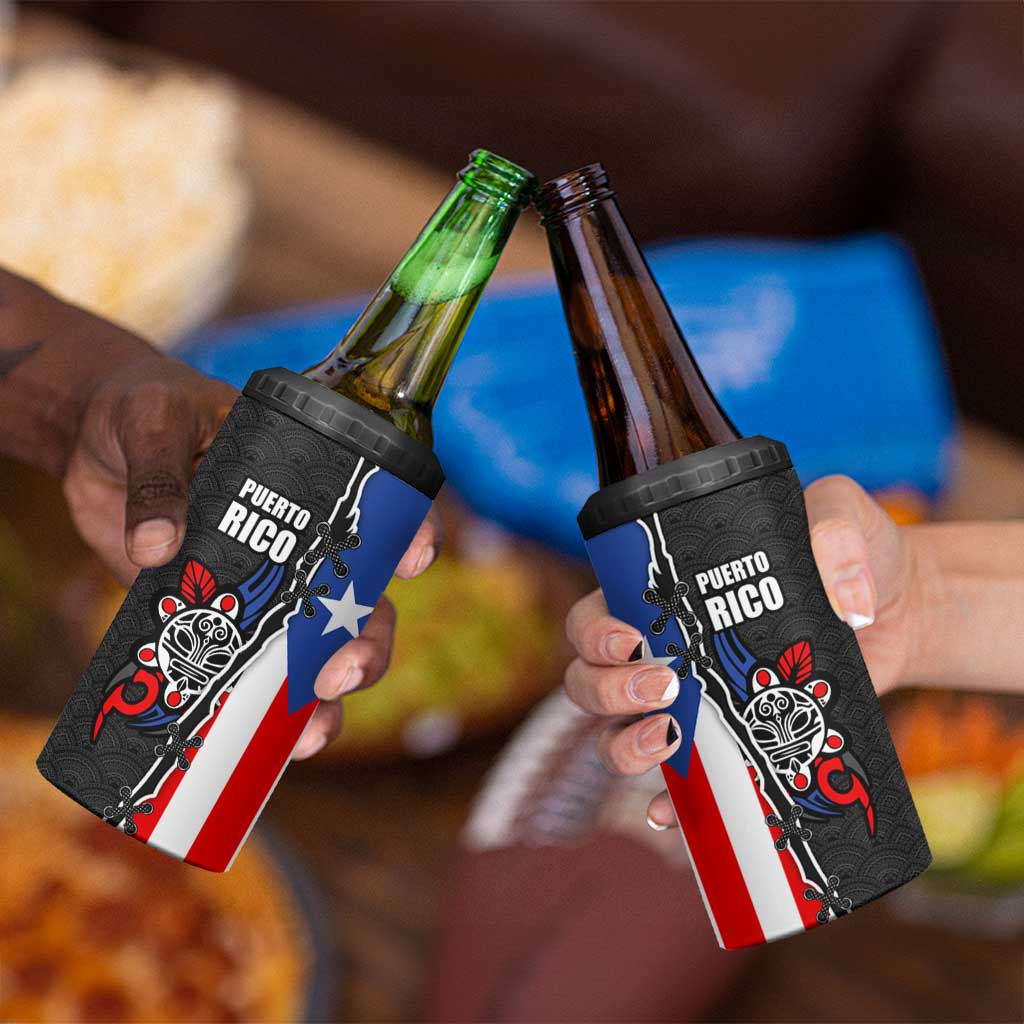 Puerto Rico 4 in 1 Can Cooler Tumbler with Tribal Sun Symbol and Flag Color Block Design