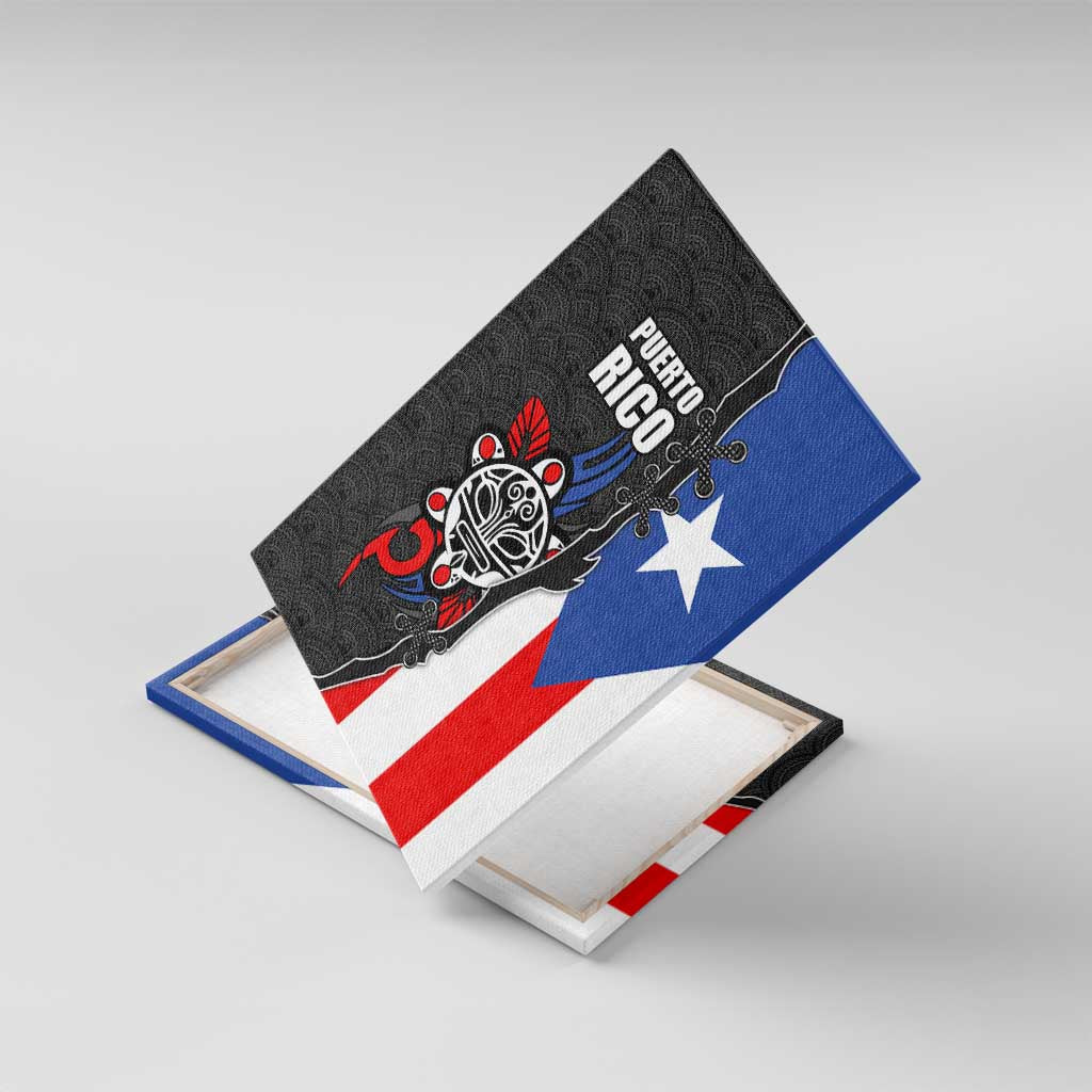 Puerto Rico Canvas Wall Art with Tribal Sun Symbol and Flag Color Block Design