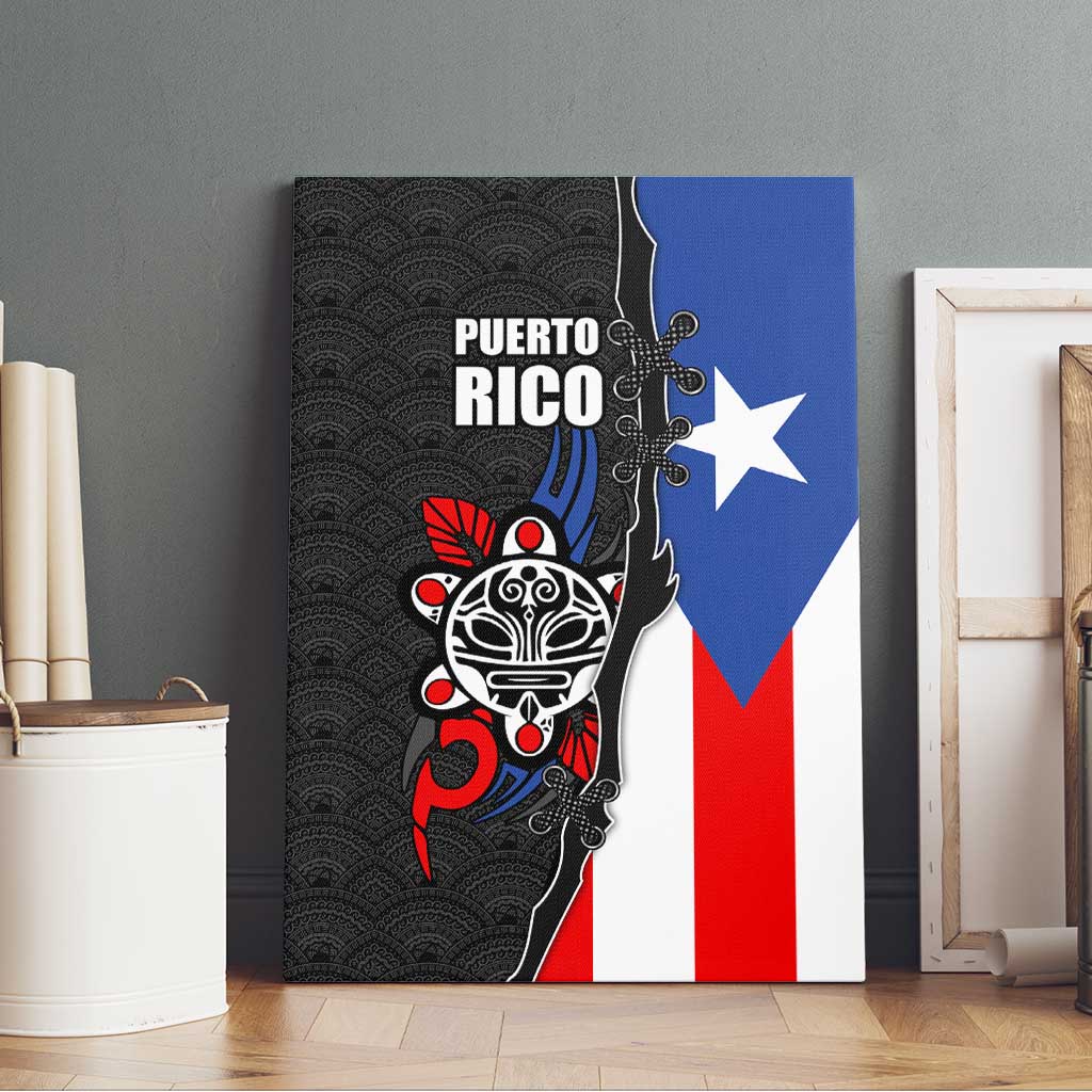 Puerto Rico Canvas Wall Art with Tribal Sun Symbol and Flag Color Block Design