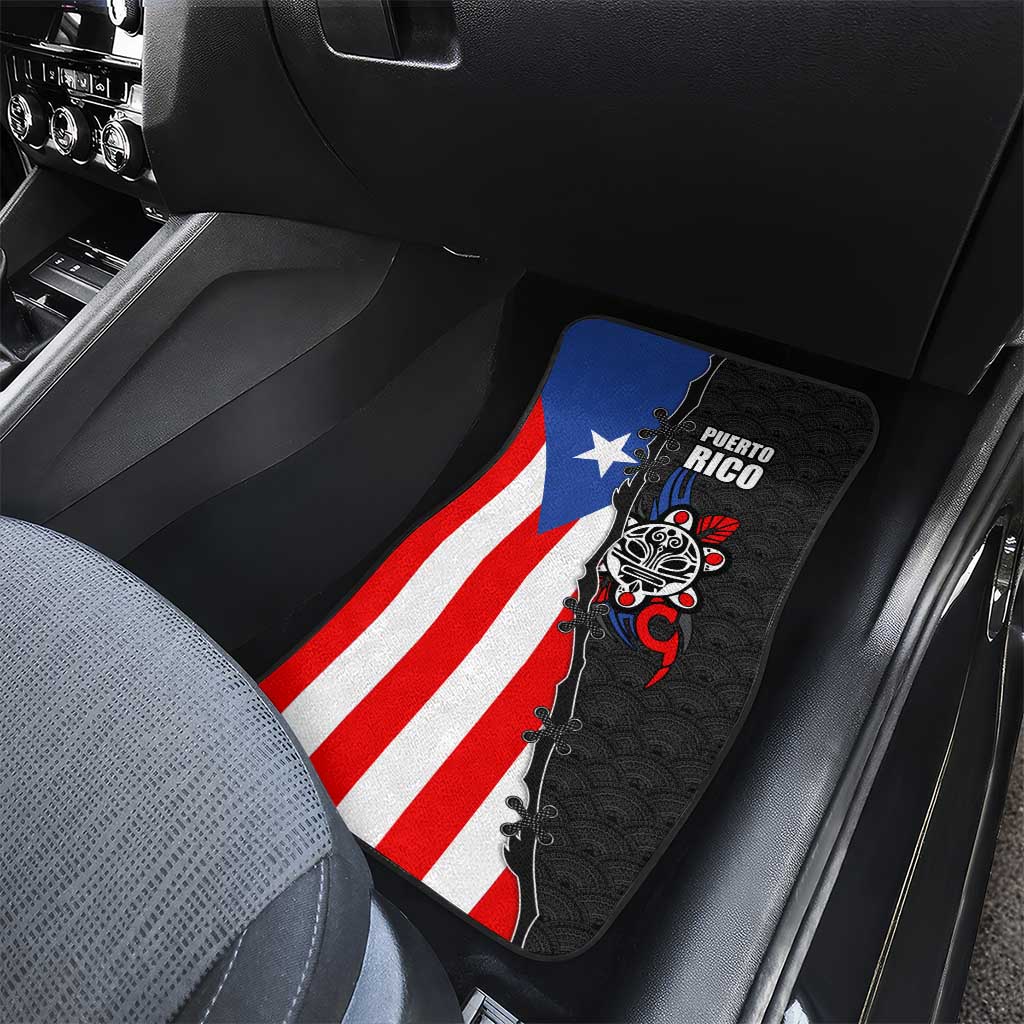 Puerto Rico Car Mats with Tribal Sun Symbol and Flag Color Block Design