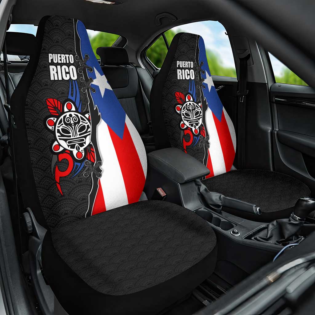 Puerto Rico Car Seat Cover with Tribal Sun Symbol and Flag Color Block Design