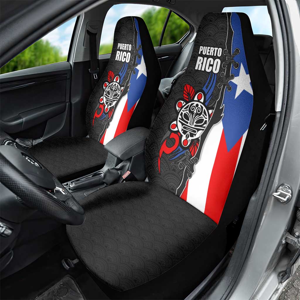 Puerto Rico Car Seat Cover with Tribal Sun Symbol and Flag Color Block Design