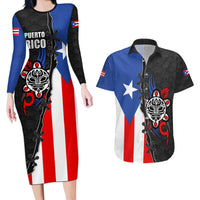 Puerto Rico Couples Matching Long Sleeve Bodycon Dress and Hawaiian Shirt with Tribal Sun Symbol and Flag Color Block Design