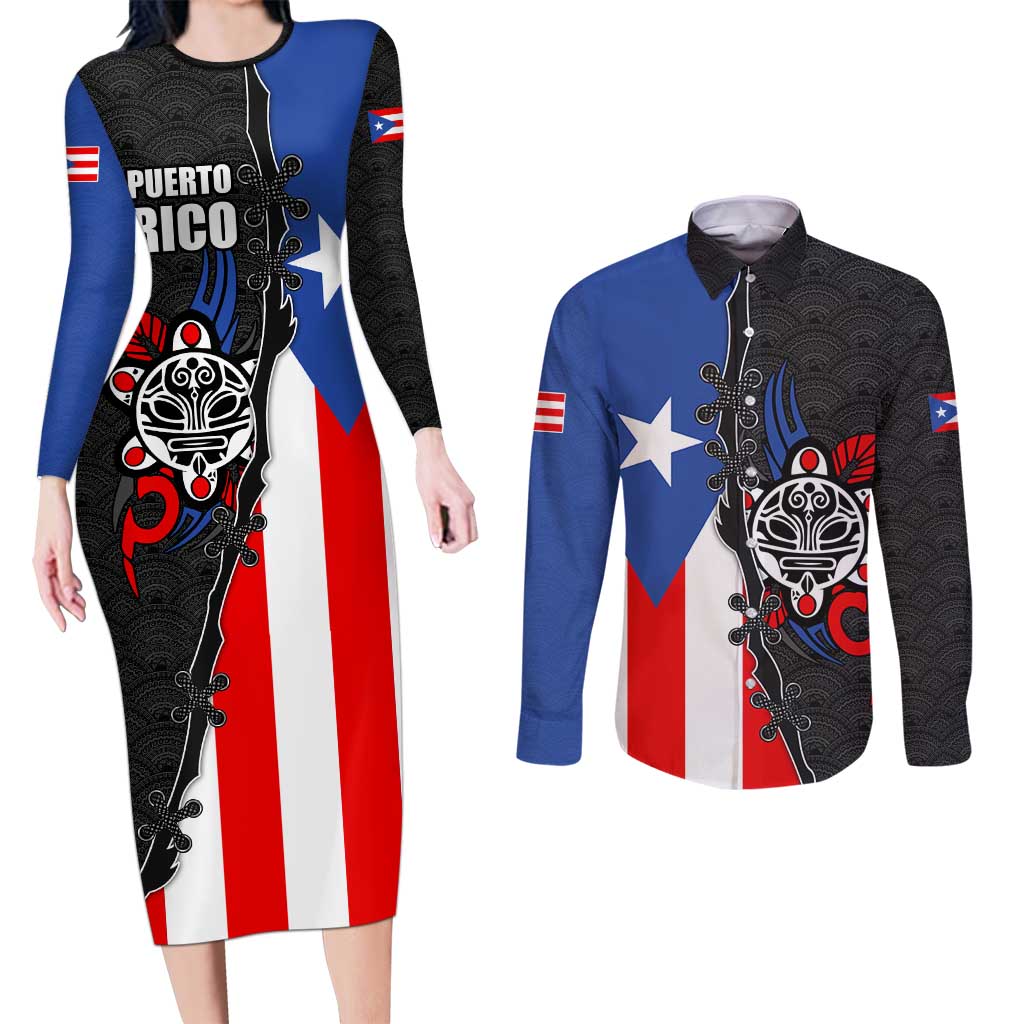 Puerto Rico Couples Matching Long Sleeve Bodycon Dress and Long Sleeve Button Shirt with Tribal Sun Symbol and Flag Color Block Design