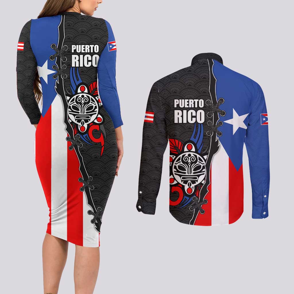 Puerto Rico Couples Matching Long Sleeve Bodycon Dress and Long Sleeve Button Shirt with Tribal Sun Symbol and Flag Color Block Design