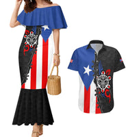Puerto Rico Couples Matching Mermaid Dress and Hawaiian Shirt with Tribal Sun Symbol and Flag Color Block Design