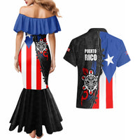 Puerto Rico Couples Matching Mermaid Dress and Hawaiian Shirt with Tribal Sun Symbol and Flag Color Block Design