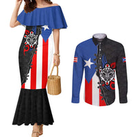 Puerto Rico Couples Matching Mermaid Dress and Long Sleeve Button Shirt with Tribal Sun Symbol and Flag Color Block Design
