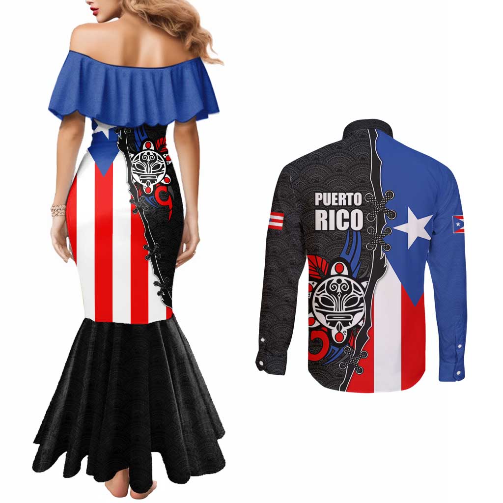Puerto Rico Couples Matching Mermaid Dress and Long Sleeve Button Shirt with Tribal Sun Symbol and Flag Color Block Design
