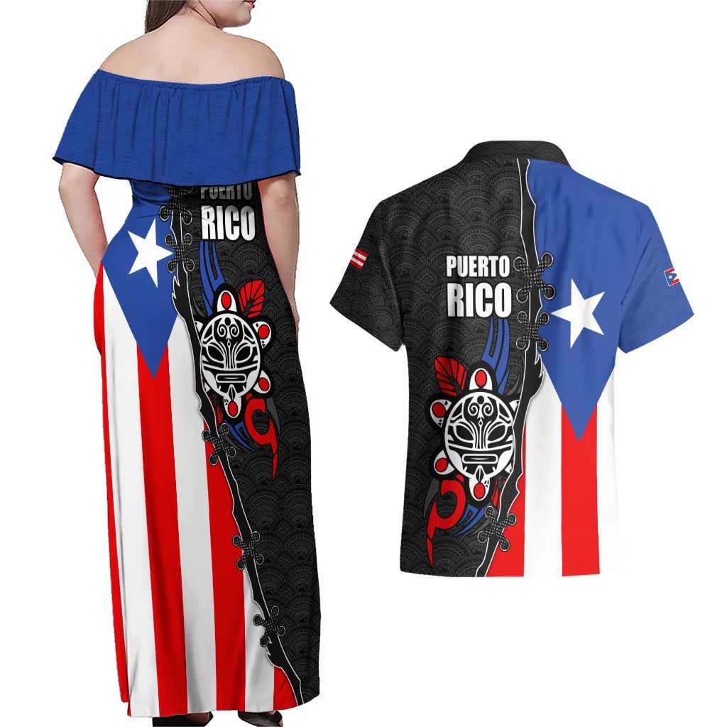 Puerto Rico Couples Matching Off Shoulder Maxi Dress and Hawaiian Shirt with Tribal Sun Symbol and Flag Color Block Design